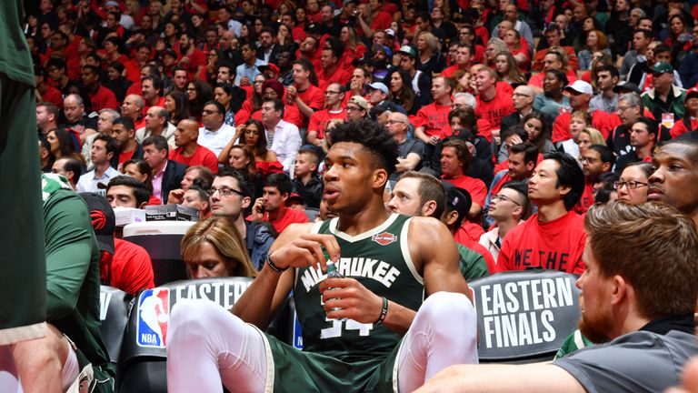 Giannis Antetokounmpo #34 of the Milwaukee Bucks looks on during a game against the Toronto Raptors during Game Three of the Eastern Conference Finals of the 2019 NBA Playoffs on May 19, 2019 at the Scotiabank Arena in Toronto, Ontario, Canada.