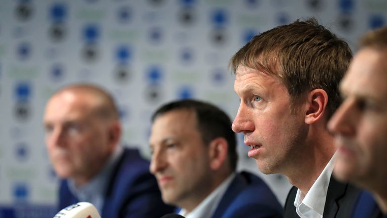 Graham Potter speaks during a press conference after his unveiling as Brighton&#39;s new manager