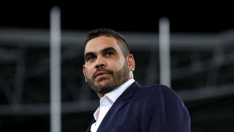 Retired NRL player Greg Inglis shows his emotion after watching a career highlights package before the round eight NRL match between the South Sydney Rabbitohs and the Brisbane Broncos at ANZ Stadium on May 02, 2019 in Sydney, Australia