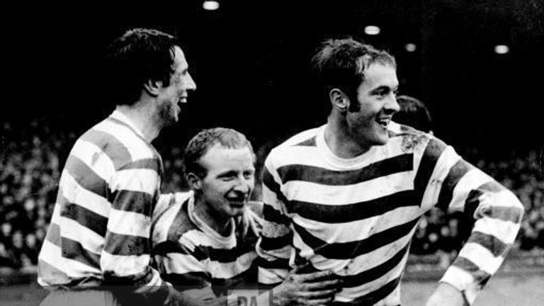 Celtic's Harry Hood (right) celebrates a goal against Rangers with Jimmy Johnstone (centre) and Jim Craig