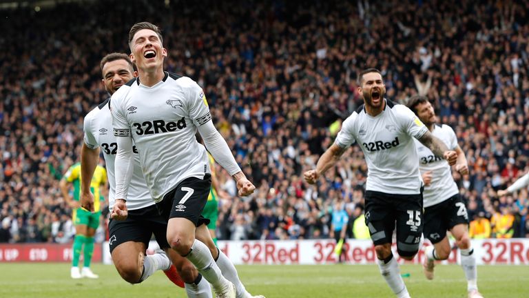 Derby County's Harry Wilson celebrates scoring his side's third goal of the game from a penalty