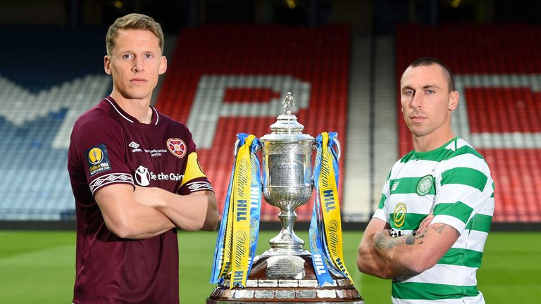 23/05/19.HAMPDEN - GLASGOW.Hearts manager captain Christophe Berra (L) and Celtic captain Scott Brown preview the upcoming William Hill Scottish Cup Final.