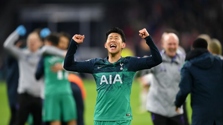 Heung-Min Son celebrates after Tottenham beat Ajax to make the Champions League Final.