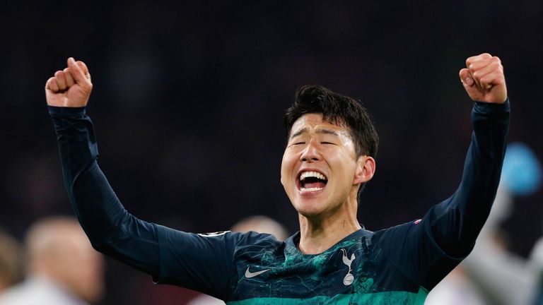 Heung-min Son pumps his fists in celebration after Spurs reach the Champions League final