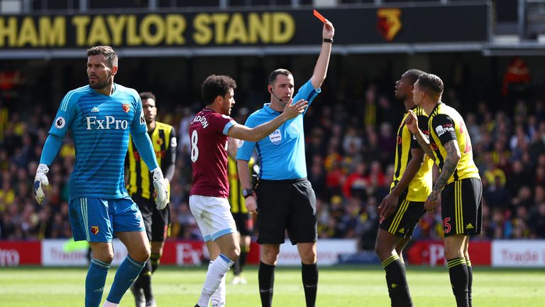 Jose Holebas was adjudged to have brought down Michail Antonio as he broke forward in the second half at Vicarage Road