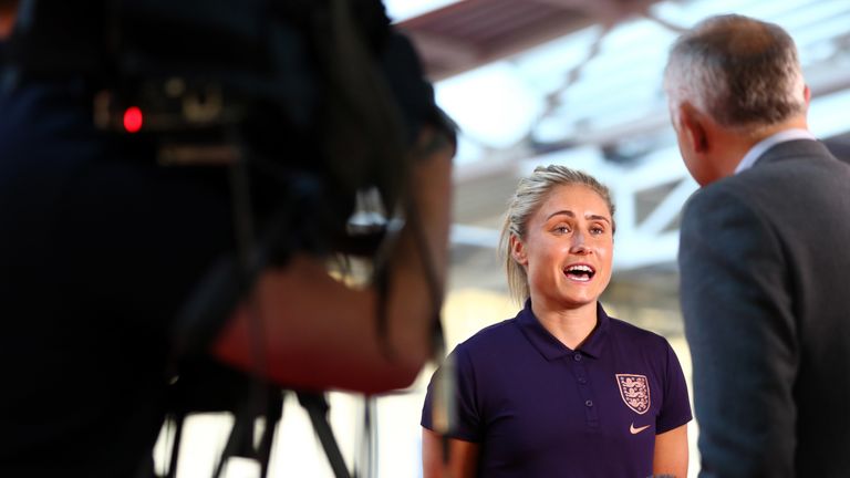 Steph Houghton speaks at the England Women media day ahead of the World Cup in France