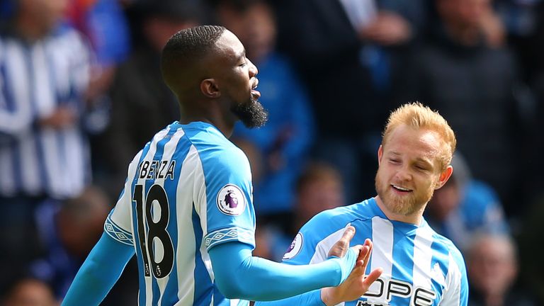 Isaac Mbenza of Huddersfield Town celebrates his equaliser with Alex Pritchard