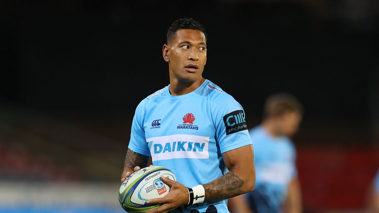 Israel Folau of the Waratahs warms up during the round seven Super Rugby match between the Waratahs and the Sunwolves at McDonald Jones Stadium on March 29, 2019 in Newcastle, Australia. 