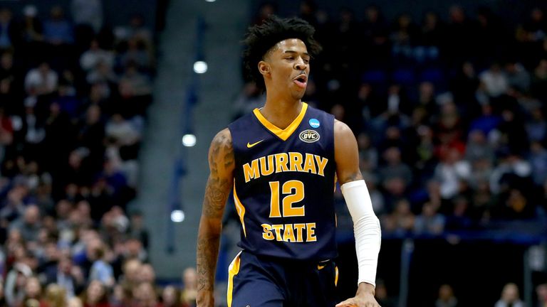 Ja Morant #12 of the Murray State Racers celebrates his three point basket against the Florida State Seminoles in the first half during the second round of the 2019 NCAA Men's Basketball Tournament at XL Center on March 23, 2019 in Hartford, Connecticut. 