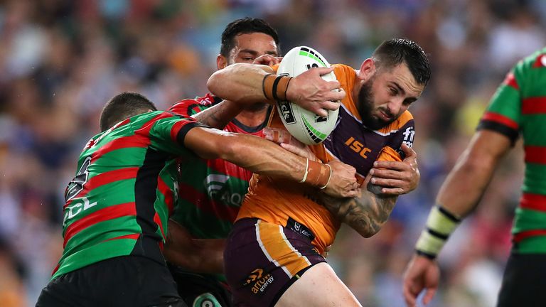 SYDNEY, AUSTRALIA - MAY 02: Jack Bird of the Broncos is tackled during the round eight NRL match between the South Sydney Rabbitohs and the Brisbane Broncos at ANZ Stadium on May 02, 2019 in Sydney, Australia. (Photo by Cameron Spencer/Getty Images)