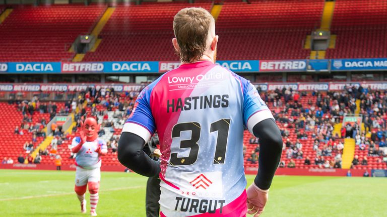 Picture by Allan McKenzie/SWpix.com - 26/05/2019 - Rugby League - Dacia Magic Weekend 2019 - Salford Red Devils v Hull KR - Anfield, Liverpool, England - Salford's Jackson Hastings has Jansin Turgut's name embroidered on his shirt as his team mate recovers from injury in Ibiza.