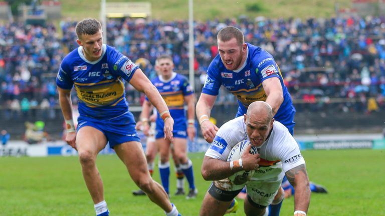 Bradford's Jake Webster scores a try against Leeds in the Challenge Cup tie