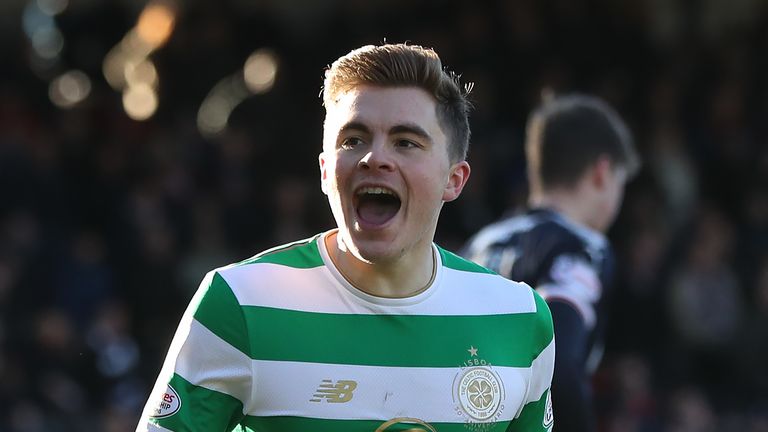 DUNDEE, SCOTLAND - DECEMBER 26:  James Forrest of Celtic celebrates after scoring the opening goal during the Scottish Premier League match between Dundee and Celtic at  Dens Park on December 26, 2017 in Dundee, Scotland. (Photo by Ian MacNicol/Getty Images)