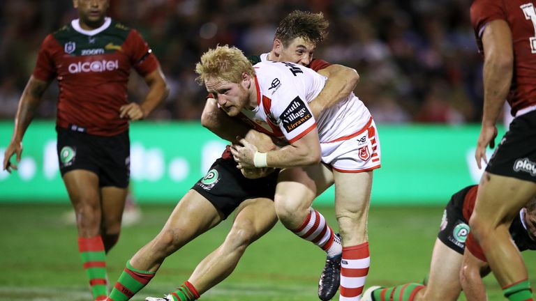 MUDGEE, AUSTRALIA - MARCH 02: James Graham of the Dragons is tackled during the NRL Trial match, which is the Charity Shield match between the South Sydney Rabbitohs and the St George Illawarra Dragons at Glen Willow Stadium on March 02, 2019 in Mudgee, Australia. (Photo by Mark Kolbe/Getty Images)