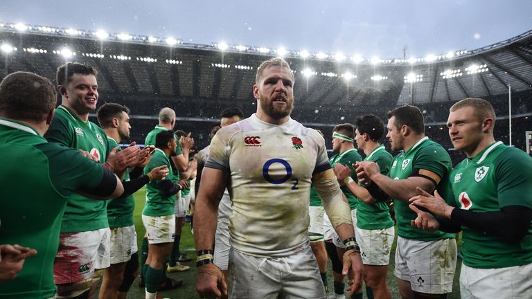 James Haskell of England looks dejected as he is applauded by Ireland players after the NatWest Six Nations match between England and Ireland at Twickenham Stadium on March 17, 2018 in London, England.