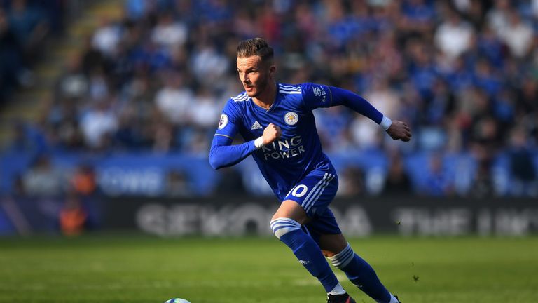 Leicester City&#39;s James Maddison in action during the Premier League match vs Bournemouth at The King Power Stadium on March 30, 2019