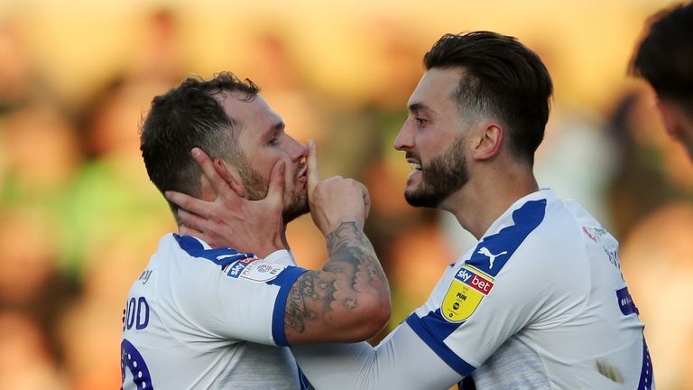Tramere Rovers' James Norwood celebrates scoring his side's first goal of the game with Ollie Banks during the Sky Bet League Two, Play-Off, Second Leg match at The New Lawn, Nailsworth. PRESS ASSOCIATION Photo. Picture date: Monday May 13, 2019. See PA story SOCCER Forest Green. Photo credit should read: Nick Potts/PA Wire. RESTRICTIONS: EDITORIAL USE ONLY No use with unauthorised audio, video, data, fixture lists, club/league logos or "live" services. Online in-match use limited to 120 images, no video emulation. No use in betting, games or single club/league/player publications.