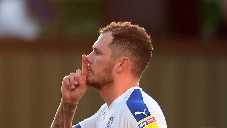 NAILSWORTH, ENGLAND - MAY 13: James Norwood of Tranmere Rovers celebrates after scoring his sides first goal during the Sky Bet League Two Play-off Semi Final Second Leg match between Forest Green and Tranmere Rovers at The New Lawn on May 13, 2019 in Nailsworth, United Kingdom. (Photo by Harry Trump/Getty Images)