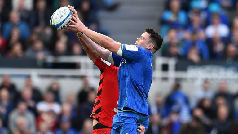 Leinster's Irish lock James Ryan (R) and Saracens' English lock George Kruis (L) compete for line-out ball during the European Rugby Champions Cup final match between Leinster and Saracens at St James Park stadium in Newcastle-upon-Tyne, north east England on May 11, 2019. (Photo by Glyn KIRK / AFP) (Photo credit should read GLYN KIRK/AFP/Getty Images)