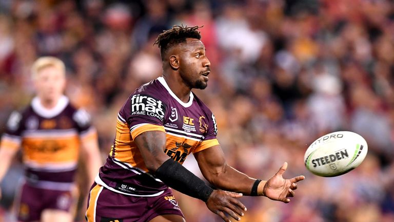 BRISBANE, AUSTRALIA - MAY 17: James Segeyaro of the Broncos passes the ball during the round 10 NRL match between the Brisbane Broncos and the Sydney Roosters at Suncorp Stadium on May 17, 2019 in Brisbane, Australia. (Photo by Bradley Kanaris/Getty Images)