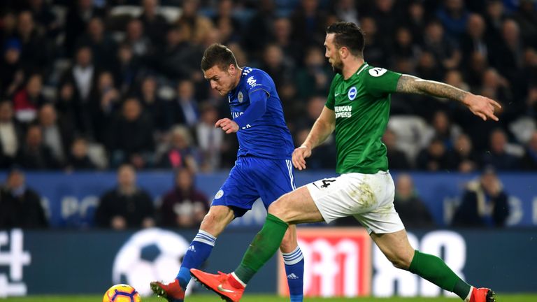 Jamie Vardy and Shane Duffy during the Premier League match between Leicester City and Brighton & Hove Albion at The King Power Stadium on February 26, 2019 in Leicester, United Kingdom.