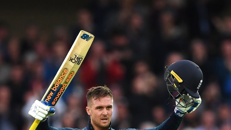 Jason Roy celebrates his eighth one-day international hundred for England