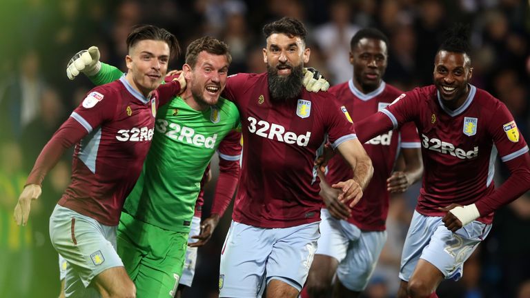 Aston Villa&#39;s Jack Grealish (left), Jed Steer and Mile Jedinak celebrate victory during the Sky Bet Championship, Play-Off, Second Leg match at The Hawthorns, West Bromwich. PRESS ASSOCIATION Photo. Picture date: Tuesday May 14, 2019. See PA story West Brom. Photo credit should read: Nick Potts/PA Wire. RESTRICTIONS: EDITORIAL USE ONLY No use with unauthorised audio, video, data, fixture lists, club/league logos or &#34;live&#34; services. Online in-match use limited to 120 images, no video emulation. No use in betting, games or single club/league/player publications.