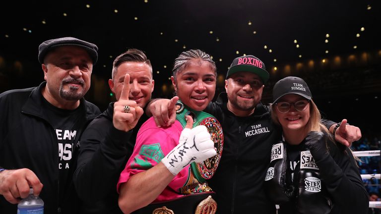 May 25, 2019; Oxon Hill, MD;  WBA super lightweight champion Jessica McCaskill and WBC super lightweight champion Anahi Esther Sanchez during their bout at the MGM National Harbor in Oxon Hill, MD.  Mandatory Credit: Ed Mulholland/Matchroom Boxing USA