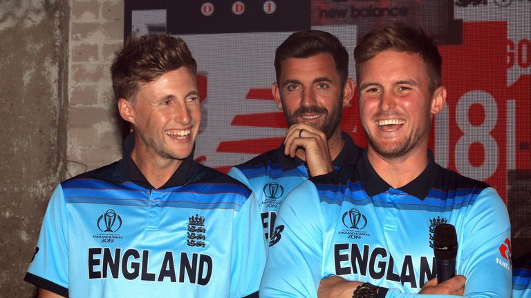 England's Joe Root, Liam Plunkett and Jason Roy during the New Balance England Kit unveiling in St Katherines and Wapping, London.