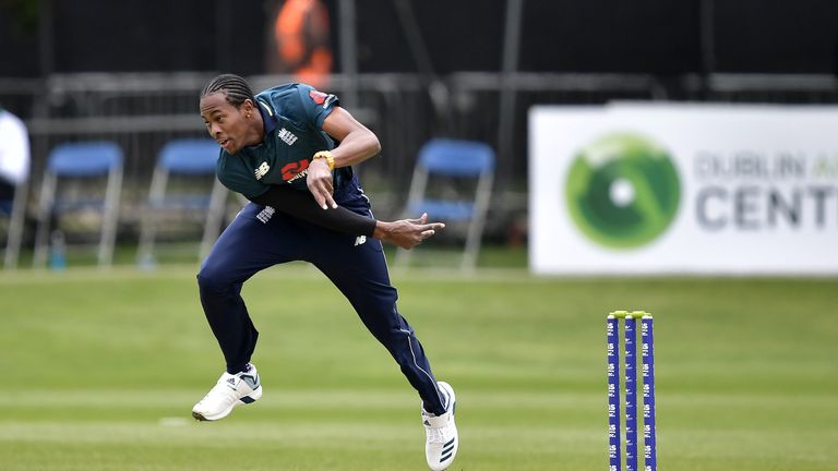 DUBLIN, IRELAND - MAY 03: Jofra Archer of England during the ODI cricket match between Ireland and England at Malahide Cricket Club on May 3, 2019 in Dublin, Ireland. (Photo by Charles McQuillan/Getty Images)