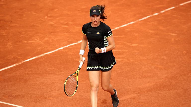 Johanna Konta of Great Britain celebrates during her ladies singles second round match against Lauren Davis of The United States during Day four of the 2019 French Open at Roland Garros on May 29, 2019 in Paris, France.