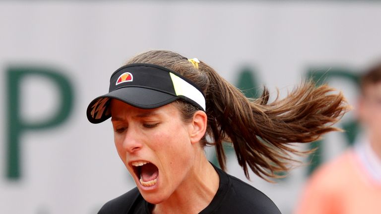 Johanna Konta of Great Britain celebrates during her ladies singles second round match against Lauren Davis of The United States during Day four of the 2019 French Open at Roland Garros on May 29, 2019 in Paris, France