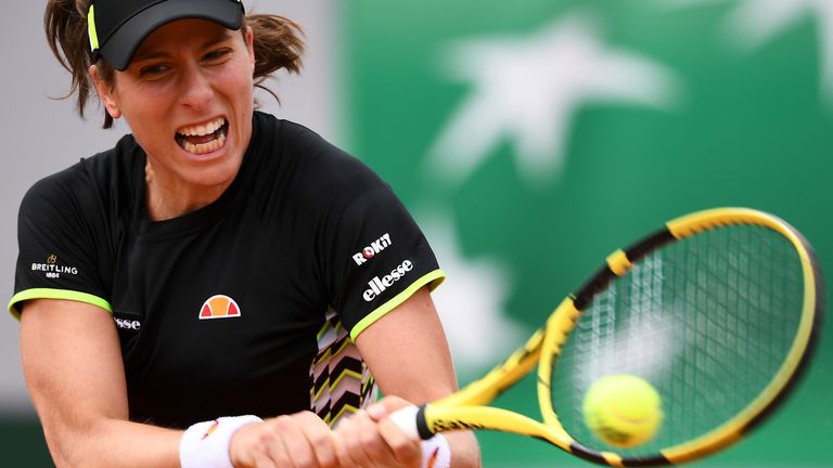 Britain's Johanna Konta returns the ball to Lauren Davis of the US during their women's singles second round match on day four of The Roland Garros 2019 French Open tennis tournament in Paris on May 29, 2019.