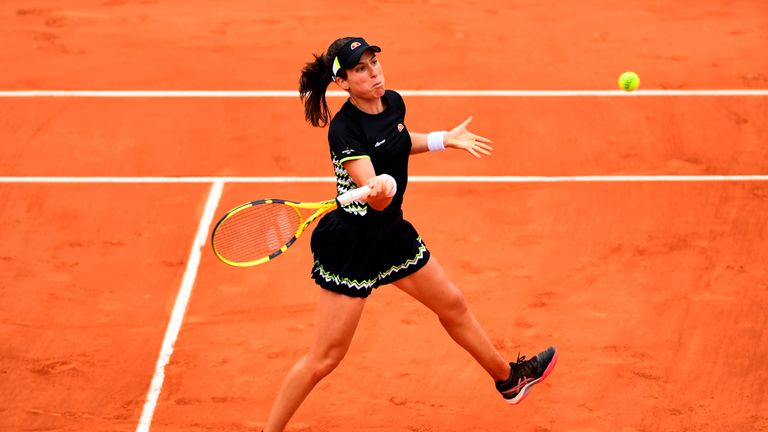 British No 1 Johanna Konta taking a forehand  on the rise against Lauren Davis in the second round of the French Open