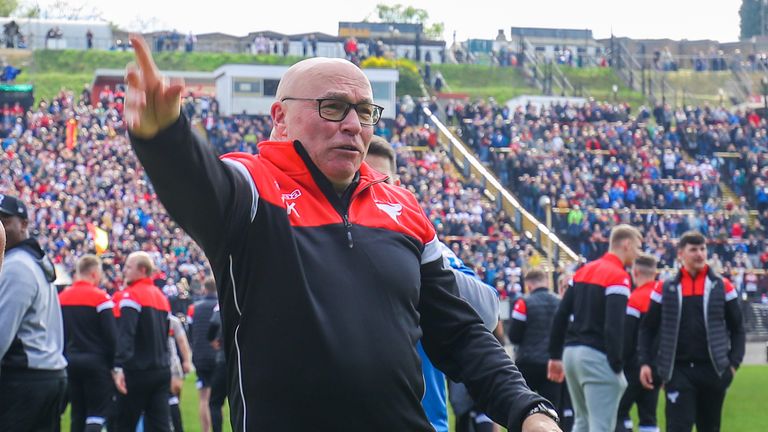 Picture by Alex Whitehead/SWpix.com - 11/05/2019 - Rugby League - Coral Challenge Cup - Bradford Bulls v Leeds Rhinos - Odsal Stadium, Bradford, England - Bradford's head coach John Kear celebrates the win.