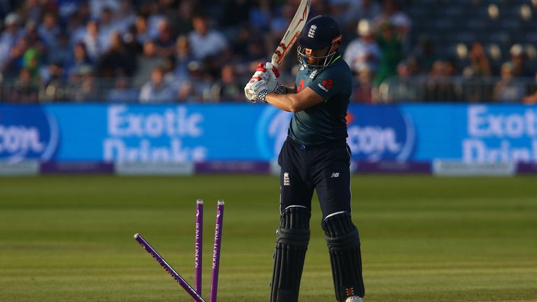 Bails fly as England&#39;s Jonny Bairstow loses his wicket for 128 runs during the third One Day International (ODI) cricket match between England and Pakistan at The Bristol County Ground in Bristol on May 14, 2019. 