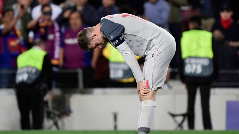 Liverpool&#39;s English midfielder Jordan Henderson reacts at the end of the UEFA Champions League semi-final first leg football match between Barcelona and Liverpool at the Camp Nou Stadium in Barcelona on May 1, 2019.