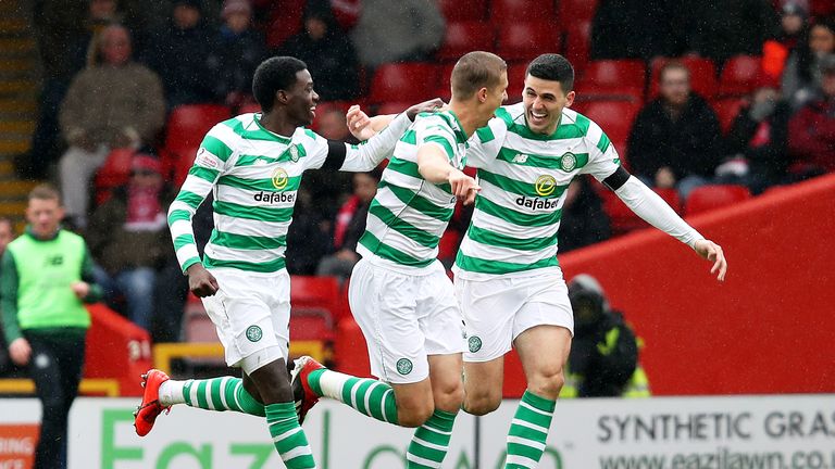 Jozo Simunovic of Celtic celebrates scoring his sides second goal during the Ladbrokes Scottish Premiership match between Aberdeen and Celtic at Pittodrie Stadium on May 04, 2019 in Aberdeen, Scotland