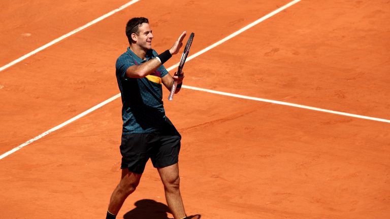 Juan Martin del Potro of Argentina celebrates victory during his mens singles first round match against Nicolas Jarry of Chile during Day three of the 2019 French Open at Roland Garros on May 28, 2019 in Paris, France. 