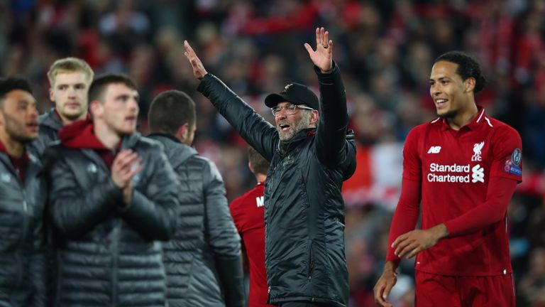 Jurgen Klopp celebrates after Liverpool come back from 3-0 down in the first leg of their Champions League semi-final to defeat Barcelona 4-0 in the second leg to reach the final