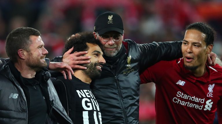 Jurgen Klopp celebrates with Mohamed Salah and Virgil van Dijk after Liverpool defeat Barcelona to reach the Champions League final