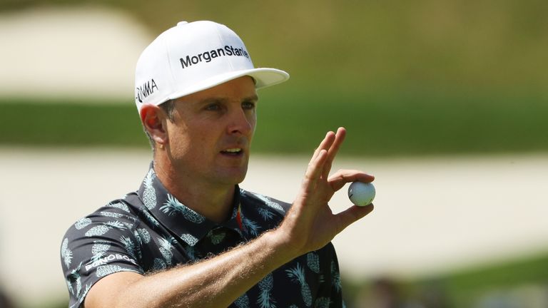  Justin Rose of England reacts on the first green during the third round of the 2019 PGA Championship at the Bethpage Black course on May 18, 2019 in Farmingdale, New York. 