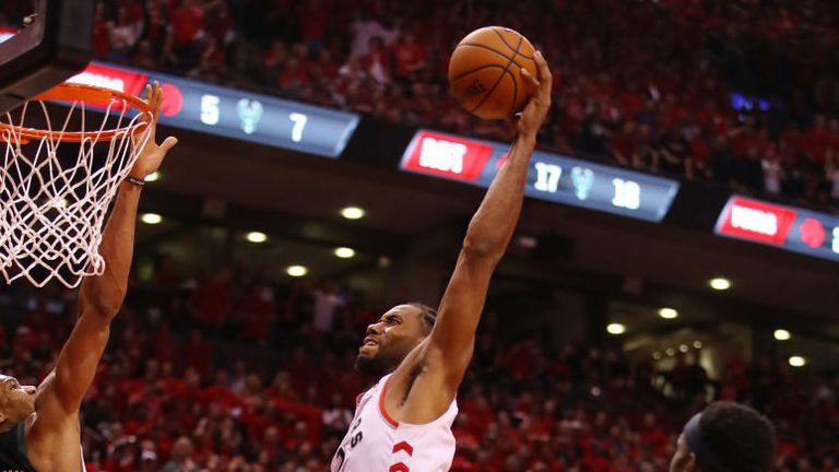 Kawhi Leonard of the Toronto Raptors dunks the ball during the second half against the Milwaukee Bucks in game six of the NBA Eastern Conference Finals 
