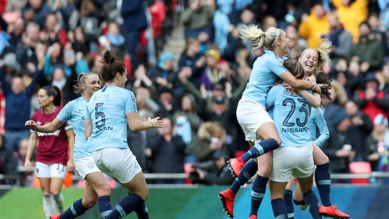Keira Walsh celebrates with team-mates after scoring Man City's first goal in the Women's FA Cup final