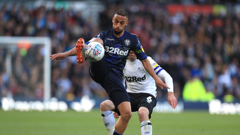 Kemar Roofe controls the ball in Leeds' play-off semi-final against Derby