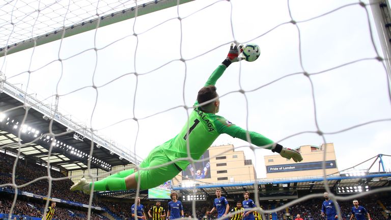 Kepa Arrizabalaga makes a save during the Premier League match between Chelsea and Watford at Stamford Bridge