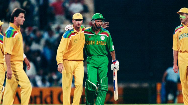 SYDNEY - FEBRUARY 26: Kepler Wessels of South Africa is congratulated by Dean Jones of Australia after the ICC Cricket World Cup match in Sydney, Australia on the 26th of February 1992.