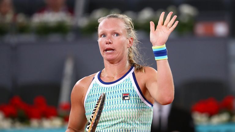 Kiki Bertens of Netherlands celebrates defeating Sloane Stephens of USA in the semi finals during day seven of the Mutua Madrid Open at La Caja Magica on May 10, 2019 in Madrid, Spain