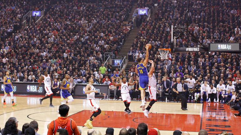 Klay Thompson of the Golden State Warriors dunks the ball against the Toronto Raptors during Game One of the NBA Finals