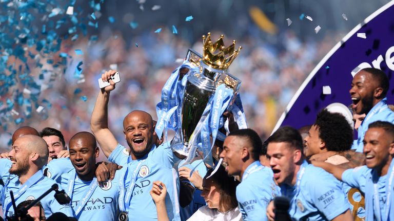  during the Premier League match between Manchester City and Huddersfield Town at Etihad Stadium on May 6, 2018 in Manchester, England.